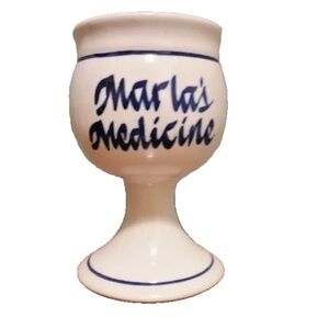 Vintage Ceramic Wine Goblet “Marla’s Medicine” Blue Lettering Retro Humor